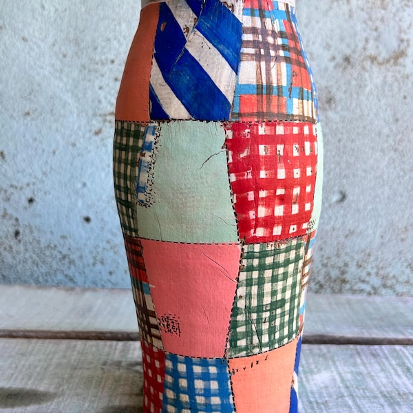 READY TO SHIP Ceramic Vase Patchwork Thimble Quilt Stitching Colour Rustic Red Gingham Orange Blue Vintage Pattern Texture Vase Vessel