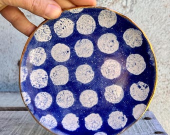 READY TO SHIP Ceramic Plate Blue White Spots Spotty Rustic Side Cake Gold Lustre  Australia