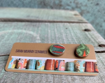 READY to SHIP Ceramic Kilim Stud Earrings Colour Green Art