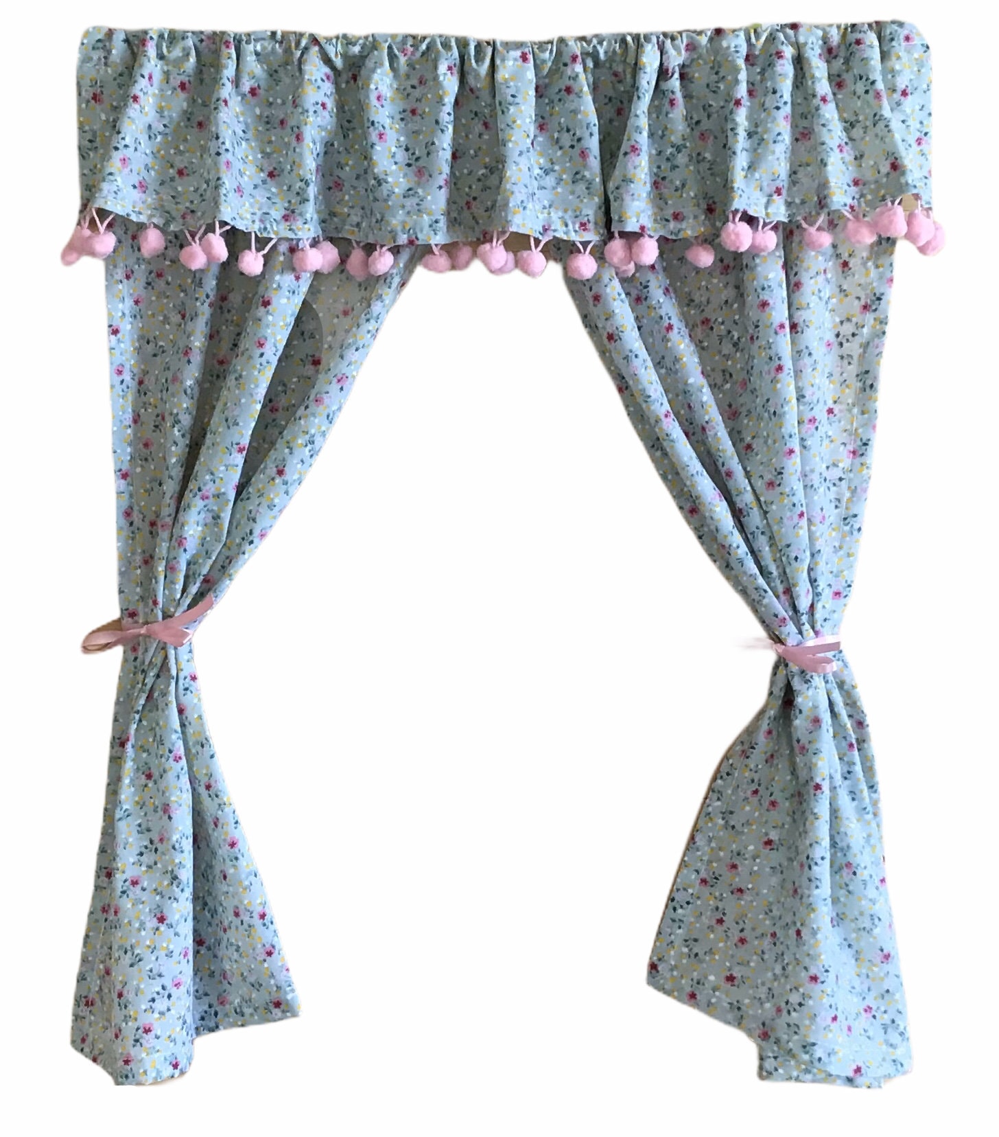 Playhouse Curtains Sage Floral With Pom Pom Pelmet Kids Etsy UK