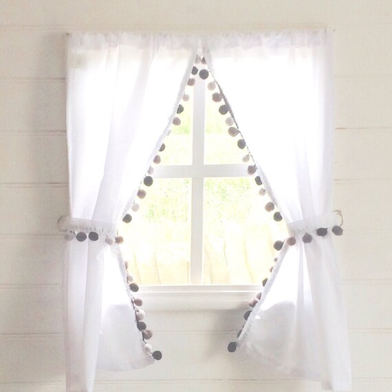 White Playhouse Curtains With Black And Grey Pom Poms Etsy
