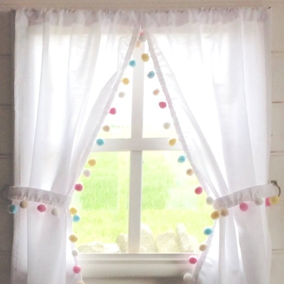 White Playhouse Curtains With Pastel Pom Poms Matching Etsy