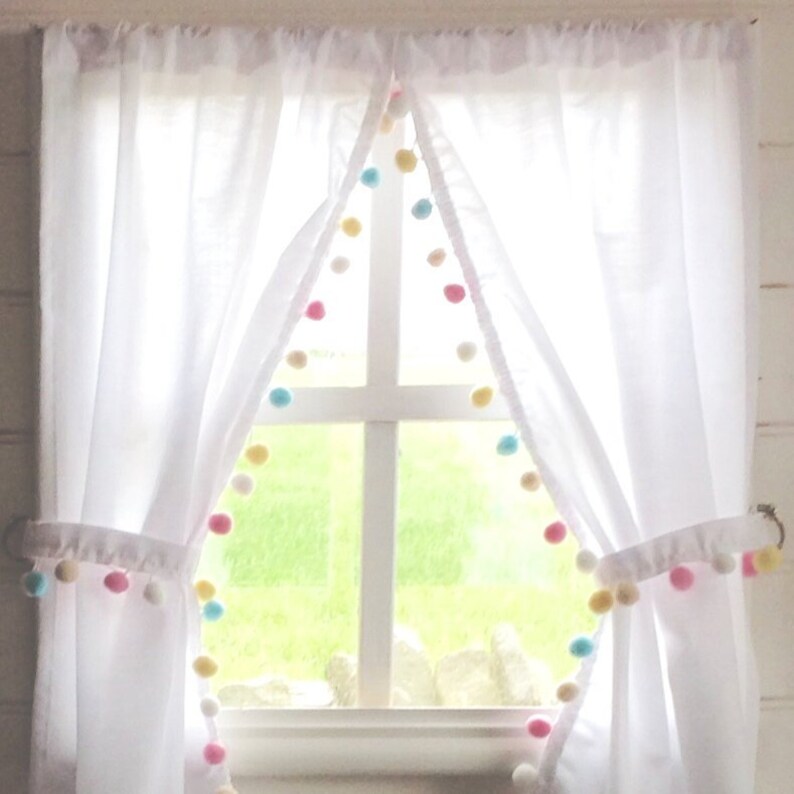White Playhouse Curtains With Pastel Pom Poms Matching Etsy