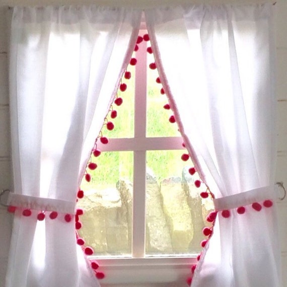 White Playhouse Curtains With Pink Pom Poms Matching Etsy