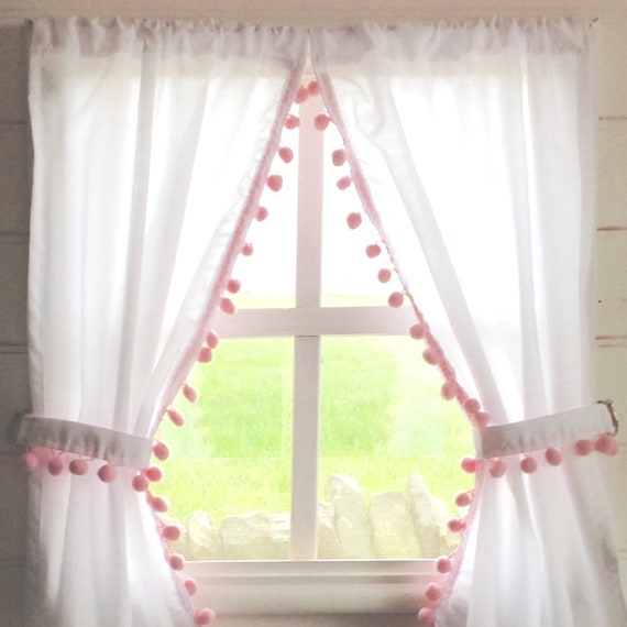 White Playhouse Curtains With Pale Pink Pom Poms Matching Etsy