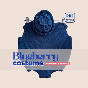 May include: A dark blue crochet blueberry costume set consisting of a round, sleeveless romper and a matching hat with a textured top. The image includes text that reads "Blueberry costume", "PDF PATTERN", and "NEWBORN - 3 YEARS".