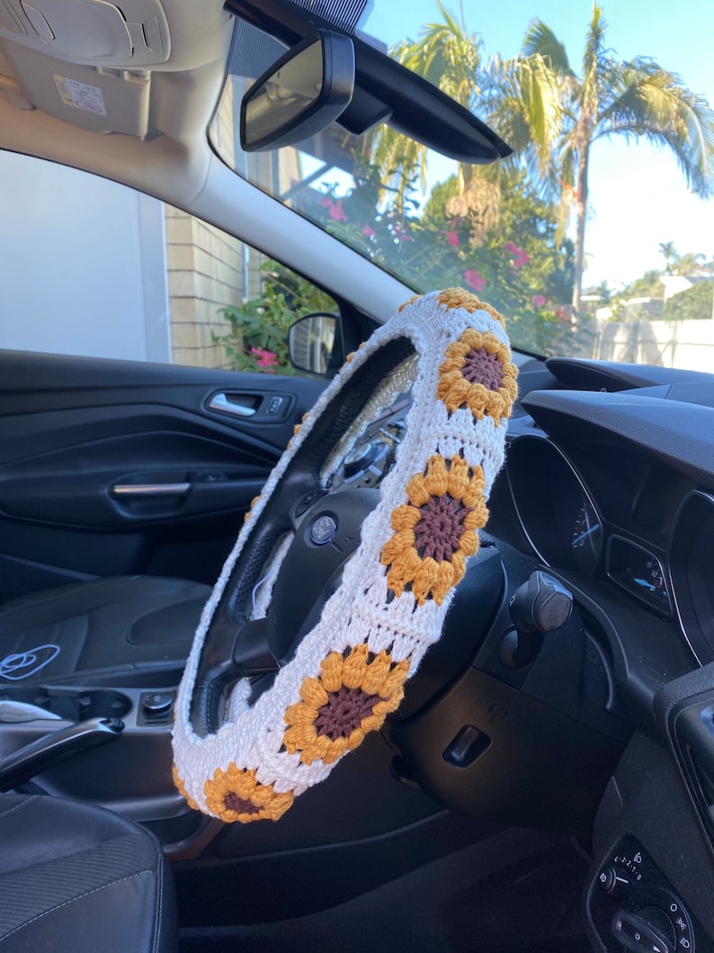 Sunflower Steering Wheel Cover | Crochet Car Accessories | Intermediate | Flower Appliqué Pattern | PDF Download image 5
