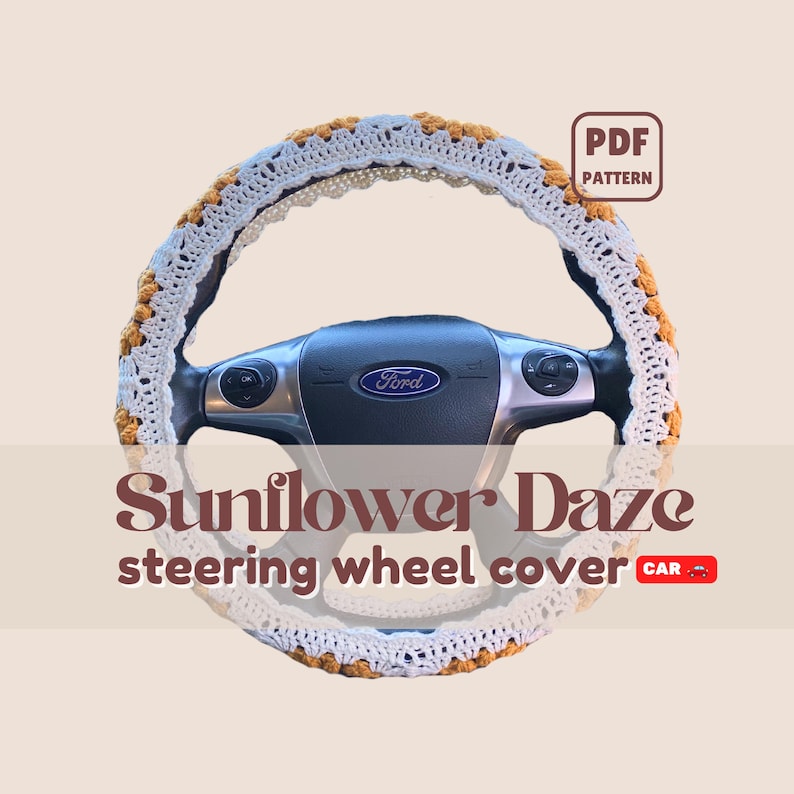Sunflower Steering Wheel Cover | Crochet Car Accessories | Intermediate | Flower Appliqué Pattern | PDF Download image 1
