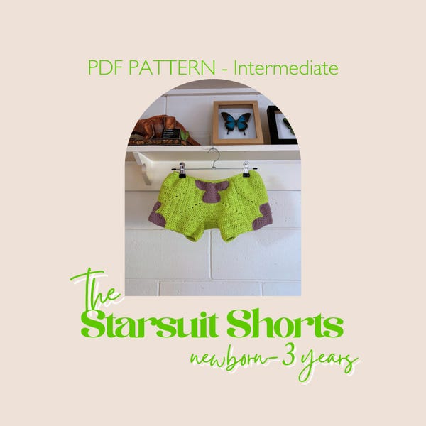 Pantalones cortos Starsuit / Patrón de pantalones cortos de bebé a crochet / Nivel intermedio / Regalo para baby shower / Tallas: recién nacido - 3 años / Descarga en PDF