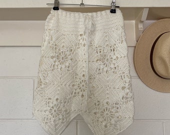 Hand crocheted white summer skirt with tie