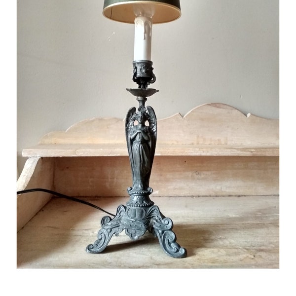 Pied de lampe statuette ancienne en métal - pied sculpté en régule - ange femme ailée -
