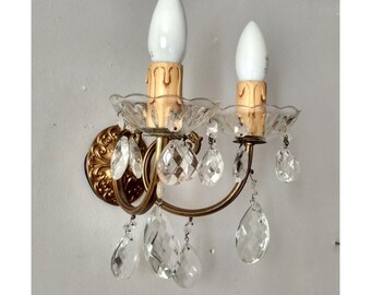 Old golden brass wall light and crystal pendants - 2-light rococo light