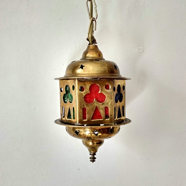 Ancienne petite suspension lustre lanterne laiton moucharabieh, vitres colorées, luminaire laiton,lanterne marocaine octogonale