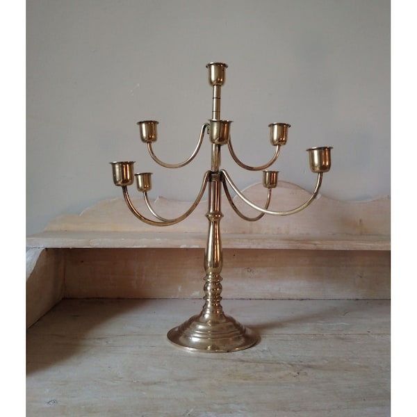 Old candelabra with 9 brass branches - French candlestick torch - large French candle holder