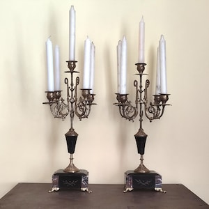 Pair of antique 5-light brass bronze and marble candelabras - French Napoleon III torches - antique candlestick - 19th century French candlesticks