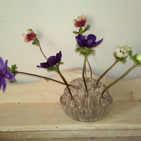 Ancien vase soliflore, vase pique fleur rond en verre, porte crayons original