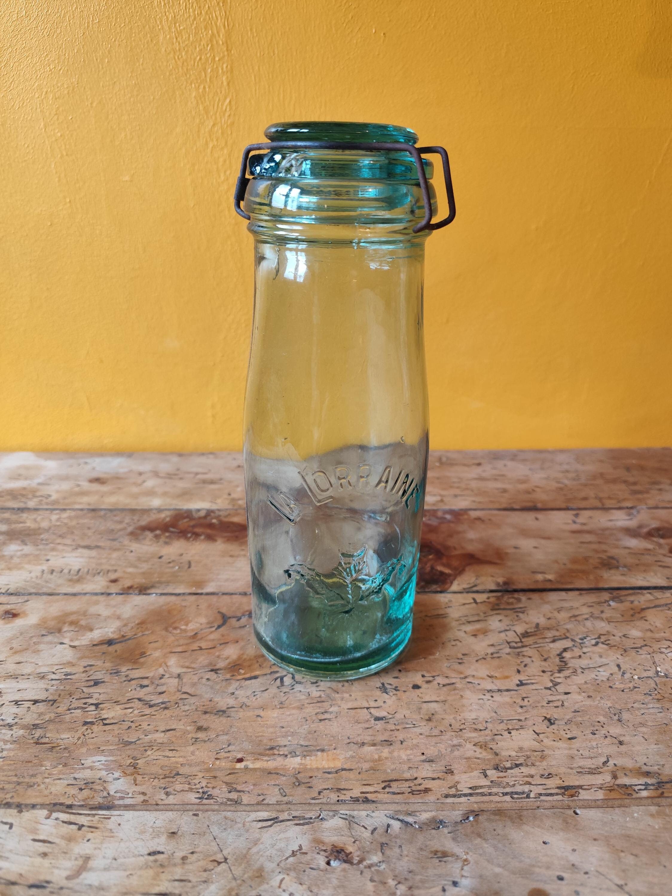 Ancien Bocal La Lorraine Verre Vert, Décor Chardon, Fermeture Nettoyée, Parfait état