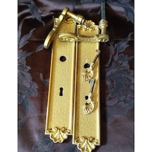 May include: Two rectangular brass door plates with a textured finish and shell-shaped ends. Each plate features a lever handle, a circular hole, and a keyhole. Two ornate metal keys with decorative bows are included with the hardware set.