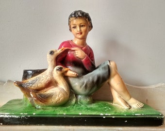 Statuette in polychrome plaster girl and geese - art deco sculpture 1930 - figurine of a child and birds