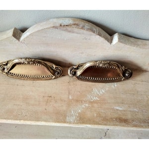 Pair of old golden art deco brass drawer handles - furniture dresser desk handles