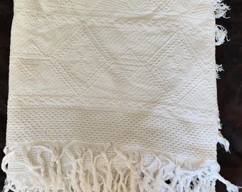 White cotton bedspread, antique woven cotton throw, white cotton bedspread, sofa throw