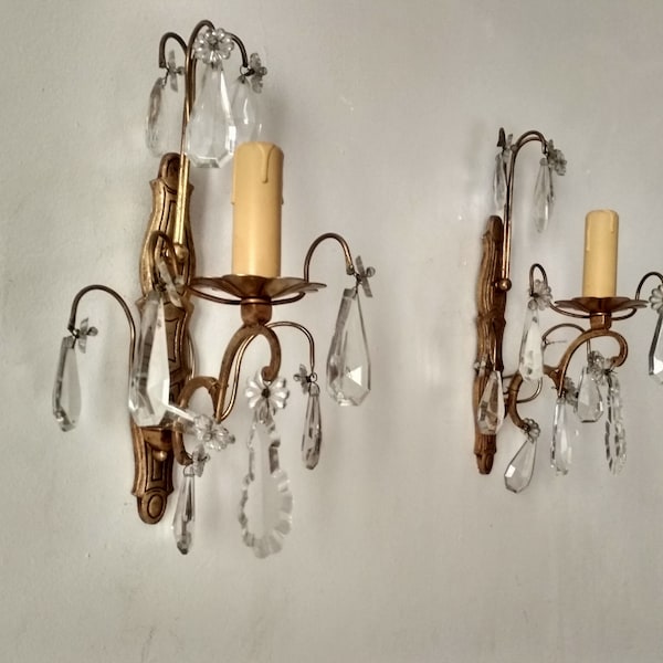 Pair of old gilded bronze wall lights - large crystal pendants - 18th century Louis XV style rococo lights