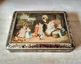Ancienne boîte à gâteaux - boîte biscuits métal  au décor tableau dans le style 18 eme s