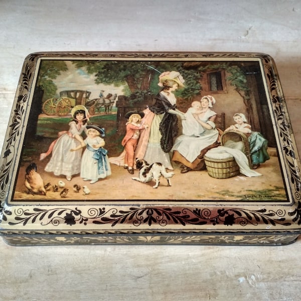 Ancienne boîte à gâteaux - boîte biscuits métal  au décor tableau dans le style 18 eme s