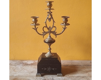 Antique 3-light candelabra in spelter brass and marble - French Napoleon III torch - antique candlestick - large 19th century French candlestick