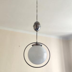 Antique pendant light with white opaline globe and metal structure - Art Deco chandelier from the 30s and 40s - old school ceiling light