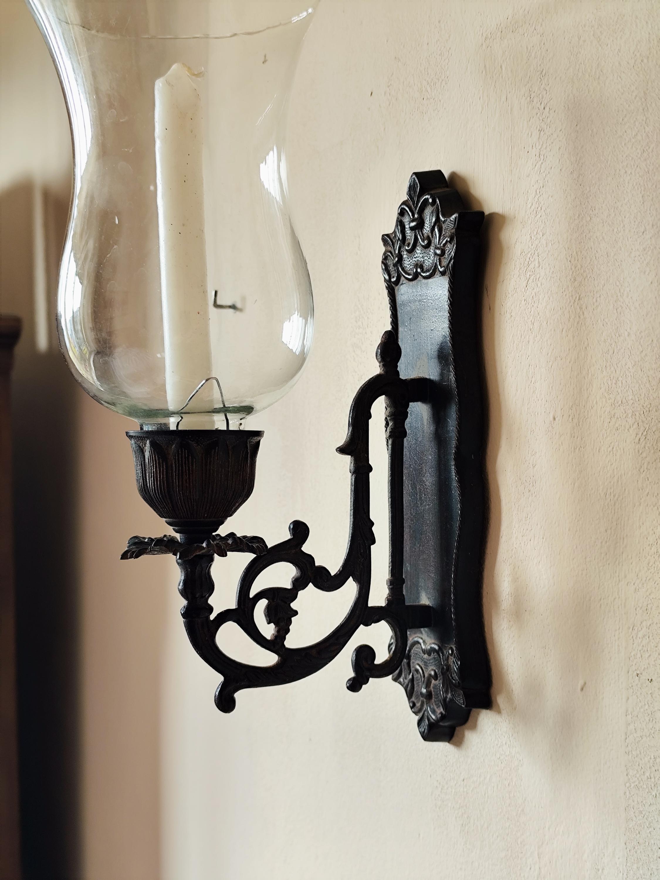 Wrought iron wall light - wall candle holder and glass tulip - candle holder