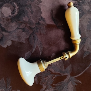 Puede incluir: Un tirador de puerta antiguo con un mango y pomo de porcelana blanca, conectado por un brazo de latón. El tirador tiene un diseño curvo y un pequeño acento de latón en la parte superior. El fondo es un patrón floral oscuro.