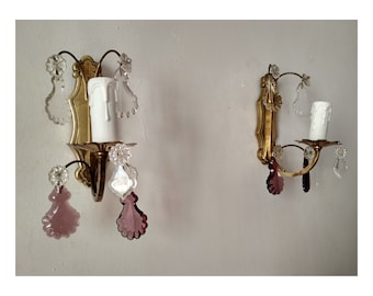 Pair of antique single-light wall sconces - large purple crystal drops - Rococo style lights, 18th century Louis XV
