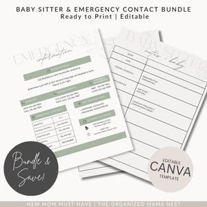 May include: A set of printable baby sitter and emergency contact forms. The forms include sections for emergency information, baby notes, and contact details. The design features a minimalist aesthetic with a soft colour palette and the text "Bundle & Save!" and "Editable Canva Template".
