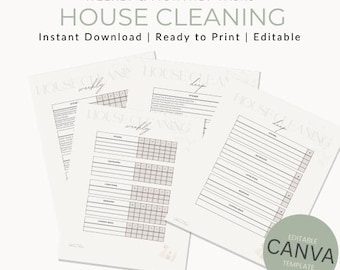 Puede incluir: Un conjunto de hojas de tareas de limpieza del hogar imprimibles. Las hojas son blancas con texto gris y una cuadrícula para el seguimiento de tareas. El texto incluye "Weekly & Monthly Tasks" y "House Cleaning". La imagen también incluye el texto "Instant Download | Ready to Print | Editable".