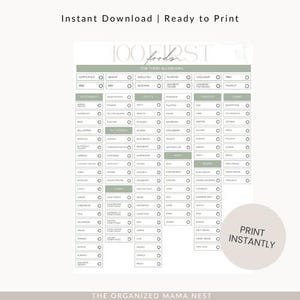 May include: A printable chart listing 100 first foods and top food allergens. The chart is in a grid format with columns for food categories and rows for individual foods. Text includes "Instant Download | Ready to Print" and "Print Instantly".