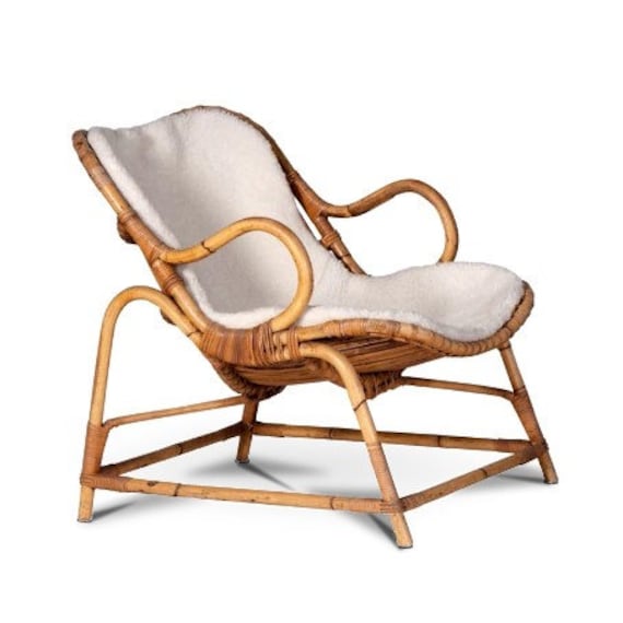 Fauteuil Vintage Danois de Flemming Lassen en Rotin et Peau Mouton