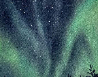 Original watercolor paintings-postcards - northern lights