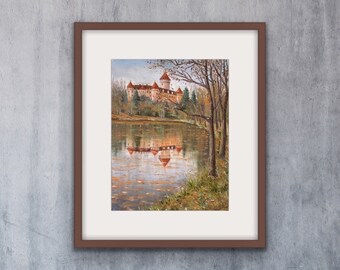 Original soft pastel painting -  Konopiště, castle, Czech Republic, autumn, reflection,  wall art, handed decoration