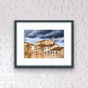 Original watercolor painting - Siena, Italy. Sunny day before storm. Decoration