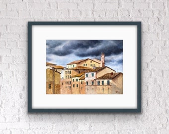 Original watercolor painting - Siena, Italy. Sunny day before storm. Decoration