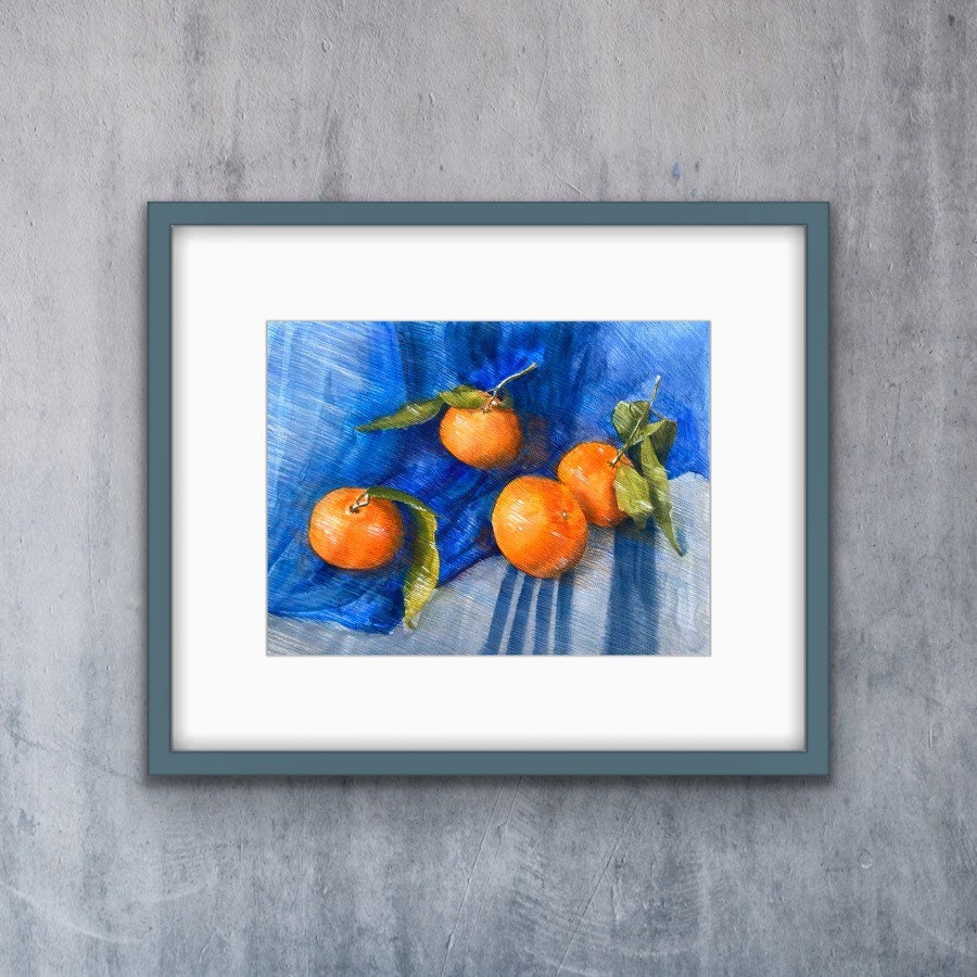 Original mix media  (watercolor and pencil) painting - fruits, mandarins, oranges, Christmas time