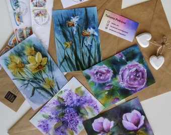 Postcard with watercolor flowers