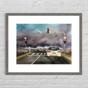 Pintura acuarela original - paisaje urbano, coches, carreteras, semáforos. Mural. Regalo hecho a mano