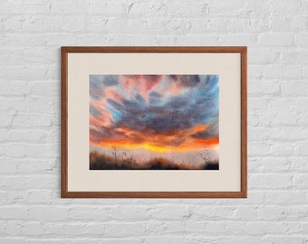 Original watercolor painting -  romantic sunset, perfect sky, clouds, wall art