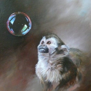 May include: A painting of a small monkey looking up at a large, iridescent soap bubble. The monkey is brown and white with a long tail. The background is a soft brown and white.