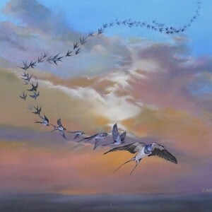 String Theory / Giclee Art Print / Swallows / Sunset