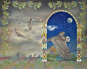May include: A painting of a barn owl flying through a moonlit archway with a small mouse riding on its back. The owl is flying towards a castle in the distance. The painting is framed with a decorative border of vines and leaves.