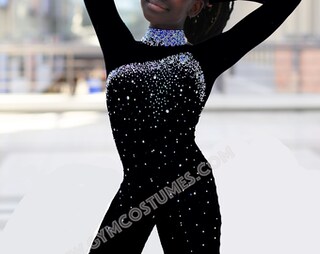 Oyolan Abito Da Ballo Latino Donna Con Strass E Rete - Body Con Guanti - Per Gare, Pattinaggio, Spettacolo - Taglie S-XXL