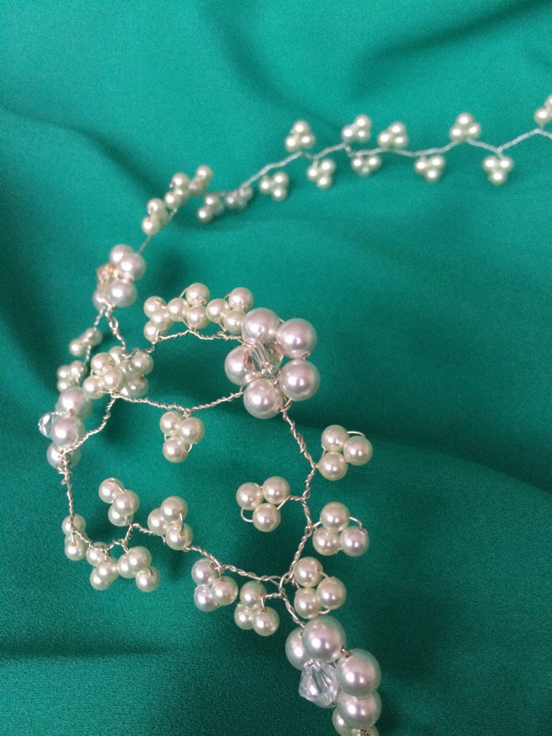Bridal swarovski pearl and crystal floral hairband Handmade, sterling silver image 2
